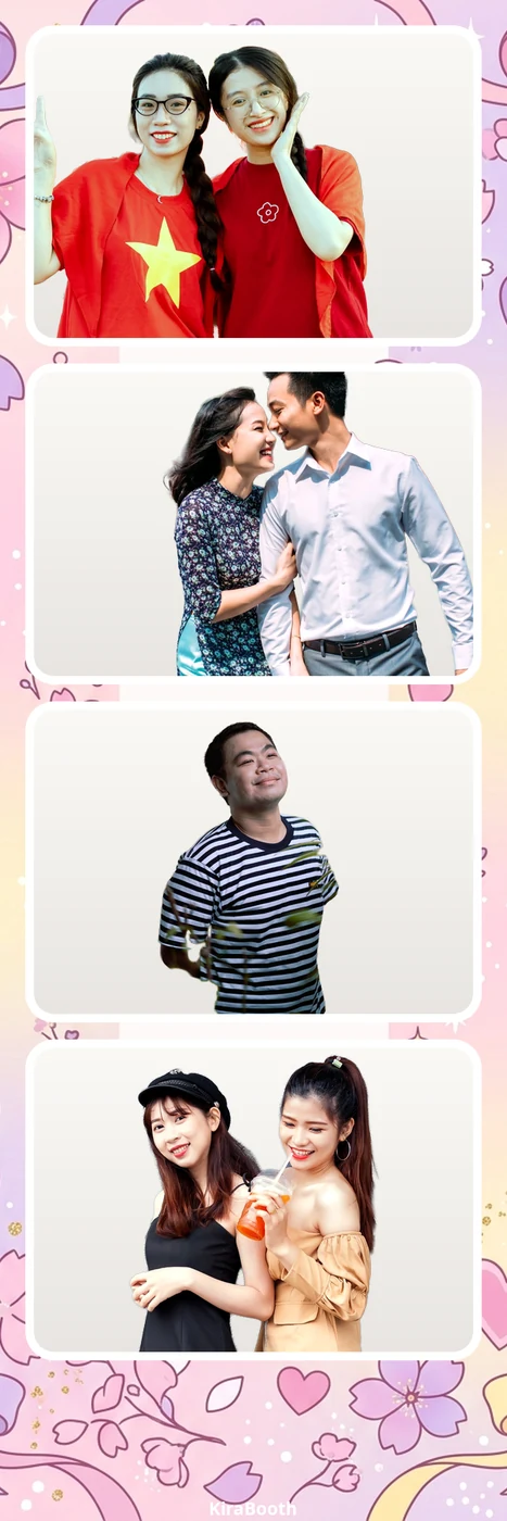 Dải ảnh của bạn bè và các cặp đôi trong khung hoa anh đào hồng